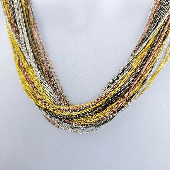 Statement Necklace Draping Multi Chain Chic Gold Silver Olive Copper Mixed Metal - Picture 2 of 8